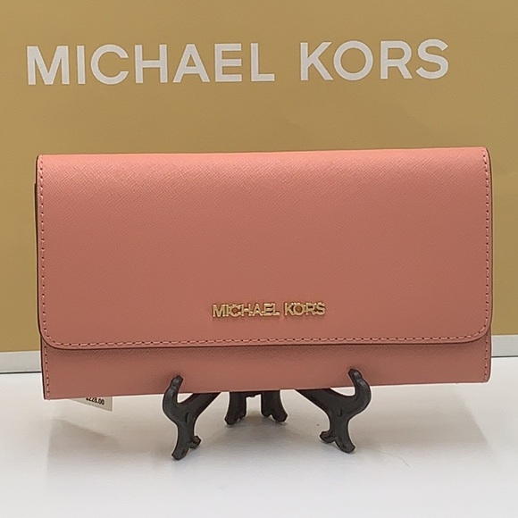 MICHAEL KORS JET SET TRAVEL LARGE TRIFOLD WALLET SUNSET ROSE COLOR - Picture 2 of 14